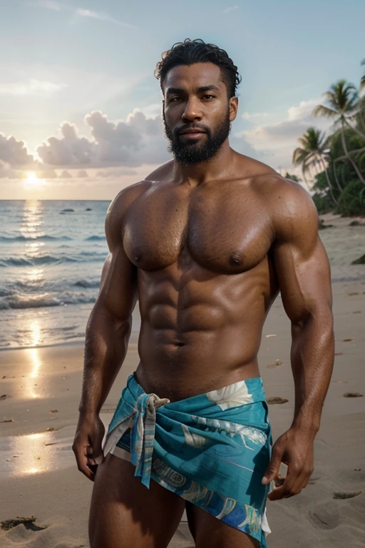 (highres:1.2),(realistic,photorealistic:1.37),black guy,beard,muscle lean,sarong,pubic hair,vibrant colors,details in skin and hair,confident expression,beach setting,evening sunlight,rippling muscles,athletic physique,sculpted jawline,intense gaze,impeccably groomed,expressive eyes,proud stance,masculine energy,stylish sarong,fine fabric texture,lush tropical backdrop,relaxed atmosphere,subtle shadows,sand between toes,gentle breeze,rippling waves,gleaming abs,beach accessories,confident posture,sensual presence,dreamy sunset colors,artistic lighting,almaty>tag.