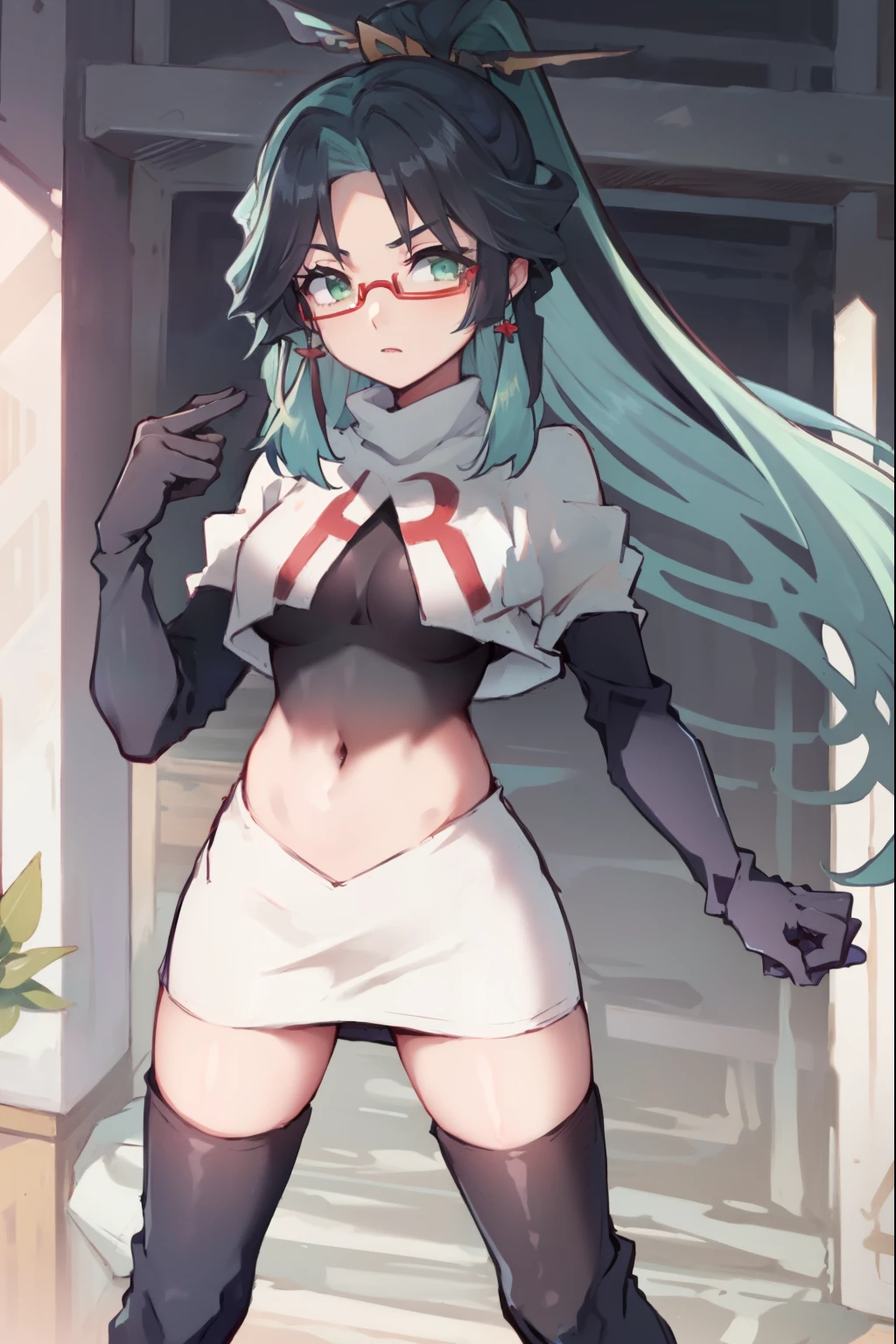2d, masterpiece, best quality, anime, highly detailed face, perfect lighting, long hair, ponytail, multicolored hair, black hair, bangs, glasses, semi-rimless eyewear, earrings, green hair, hair ornament, jewelry, red-framed eyewear, green eyes, team rocket,team rocket uniform,white skirt,red letter R,crop top,black thigh-high boots,black elbow gloves,