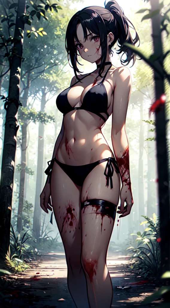 Anime girl wearing a string bikini, long-haired, long ponytail,มีBlood stains on the body..... Blood stains on bikini Blood stains on arms and legs, Blood stains on the body...Deep in the woods.,