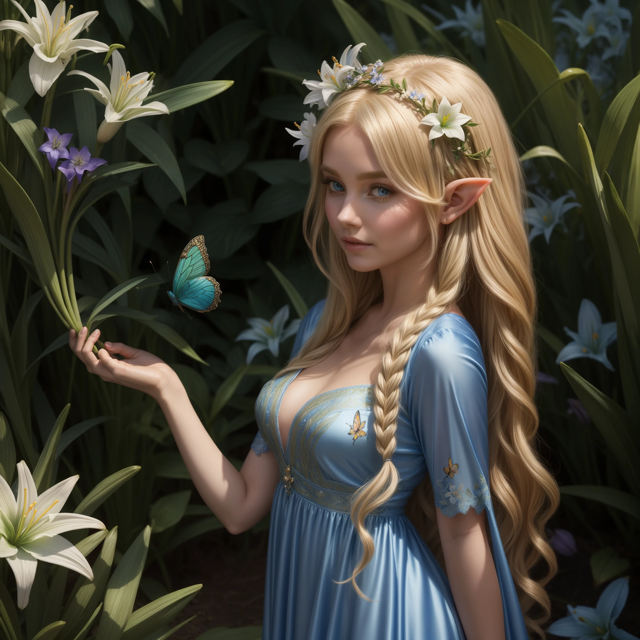 A beautiful elven fairy with long flowing blonde hair, with a flower and butterflies in her hair, with beautiful lips, silky skin, wearing a beautiful pure silk dress, with butterflies flying under the palm of her hand, and in the background a beautiful field of blue lilies, hillbilly elf of hyper-realistic lilies, photo-realistic butterfly elf, spring elf of beautiful lily fields with intricate details.
