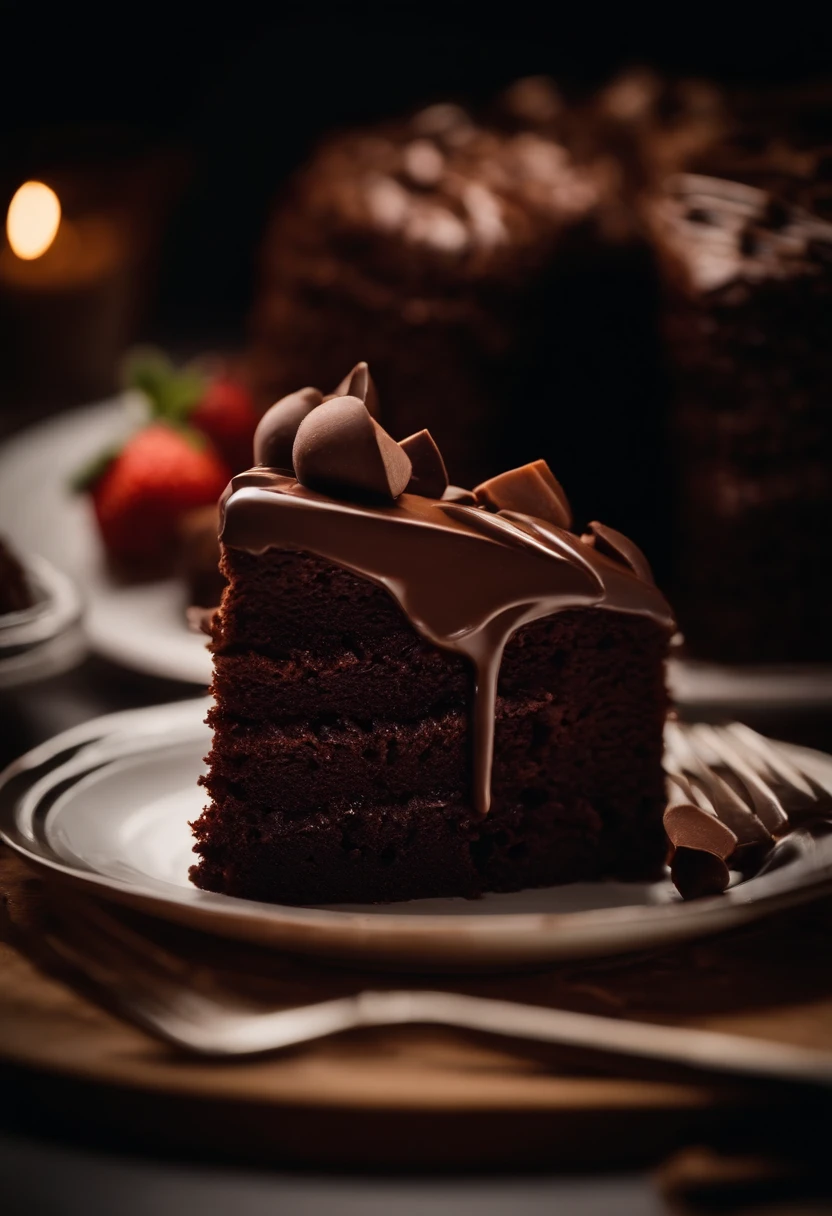 an abstract shot of chocolate cake being sliced or eaten, experimenting with motion blur or close-up shots to capture the movement and enjoyment of indulging in this delicious dessert