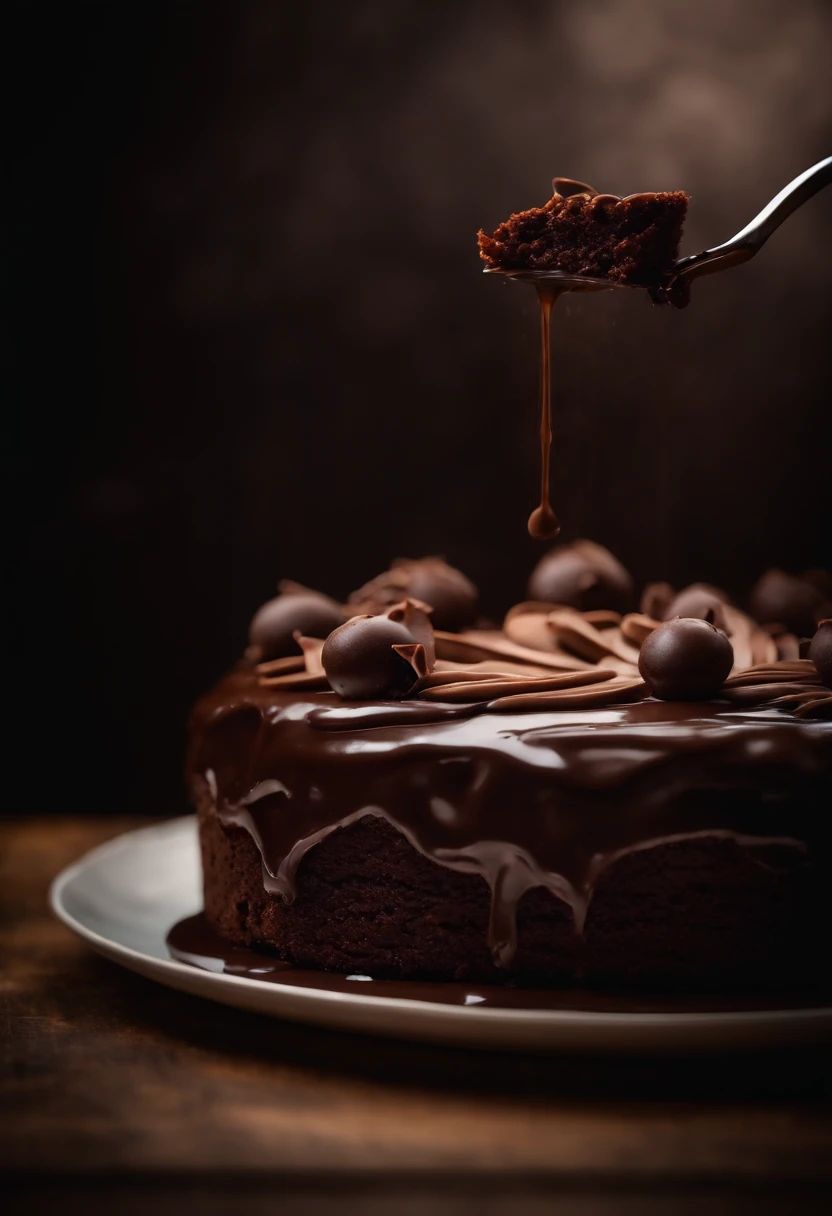 an abstract shot of chocolate cake being sliced or eaten, experimenting with motion blur or close-up shots to capture the movement and enjoyment of indulging in this delicious dessert