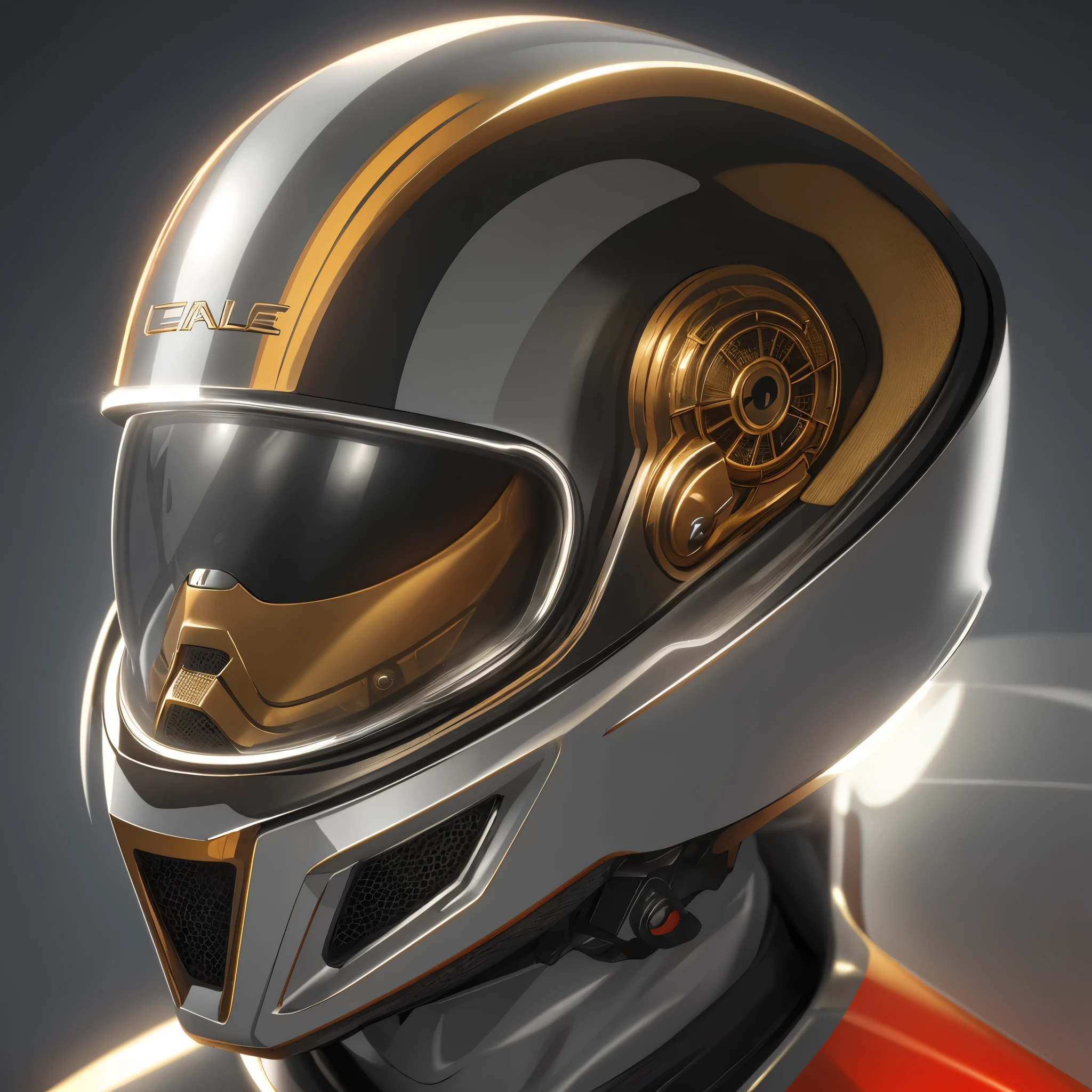 a closeup of a shine and reflective color modern helmet, Golden and Silver warm Color Red elegant luxury futuristic modern helmet, protective headgear, motorcycle helmet, bicycle helmet, bike helmet, Intricate and unique Design, Very Detailed, Fine Details, Extremely Sharp Lines, Cinematic Lighting, Realistic Photos, 3D render, A Detailed Masterpiece, creative color palette. four variations