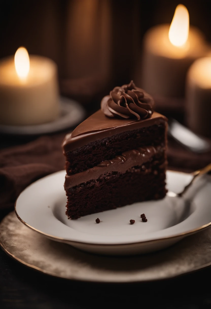 a close-up shot of a slice of chocolate cake, focusing on the layers of moist cake, creamy frosting, and any decorative elements like chocolate curls or sprinkles