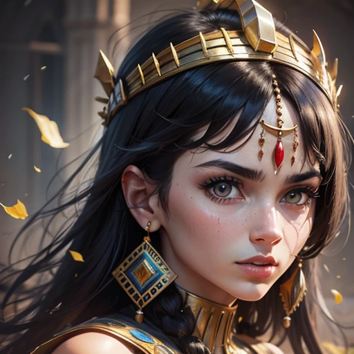 I want to ask for an I A image to generate ancient Egypt at the time of the pharaohs detailed several and that in front is the cleopatra with black hair and black queen's crown and the clothes she used to wear, brown skin highlight the city of ancient Egypt in the background air of grandeur, Vivacious, Bastardcore, Glitchcore, portrait, Texturing, Cinematic, Digital painting, multi colors, Photorealism, low key lighting, Hyper realistic, dramatic shadows, film noir style, 4k --auto --s2