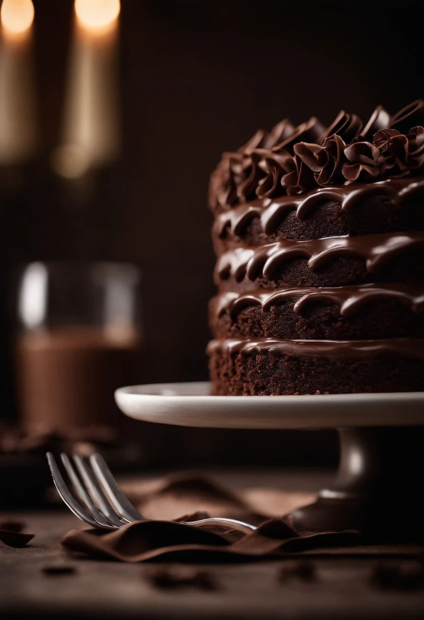a close-up shot of a slice of chocolate cake, focusing on the layers of moist cake, creamy frosting, and any decorative elements like chocolate curls or sprinkles