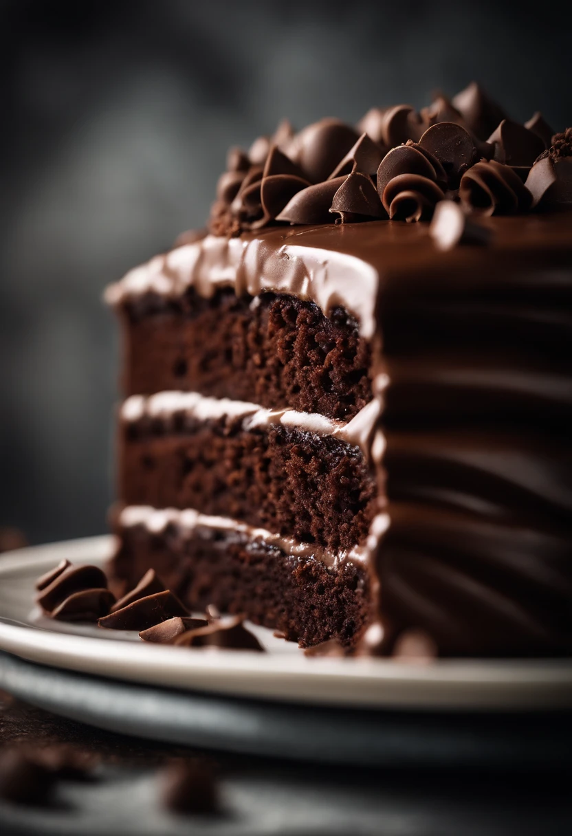 a close-up shot of a slice of chocolate cake, focusing on the layers of moist cake, creamy frosting, and any decorative elements like chocolate curls or sprinkles
