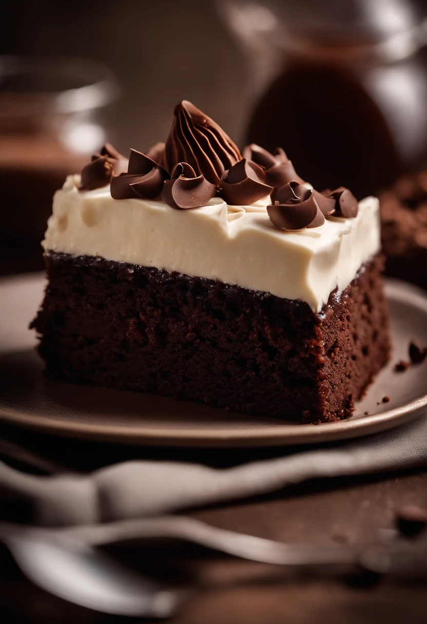 a close-up shot of a slice of chocolate cake, focusing on the layers of moist cake, creamy frosting, and any decorative elements like chocolate curls or sprinkles
