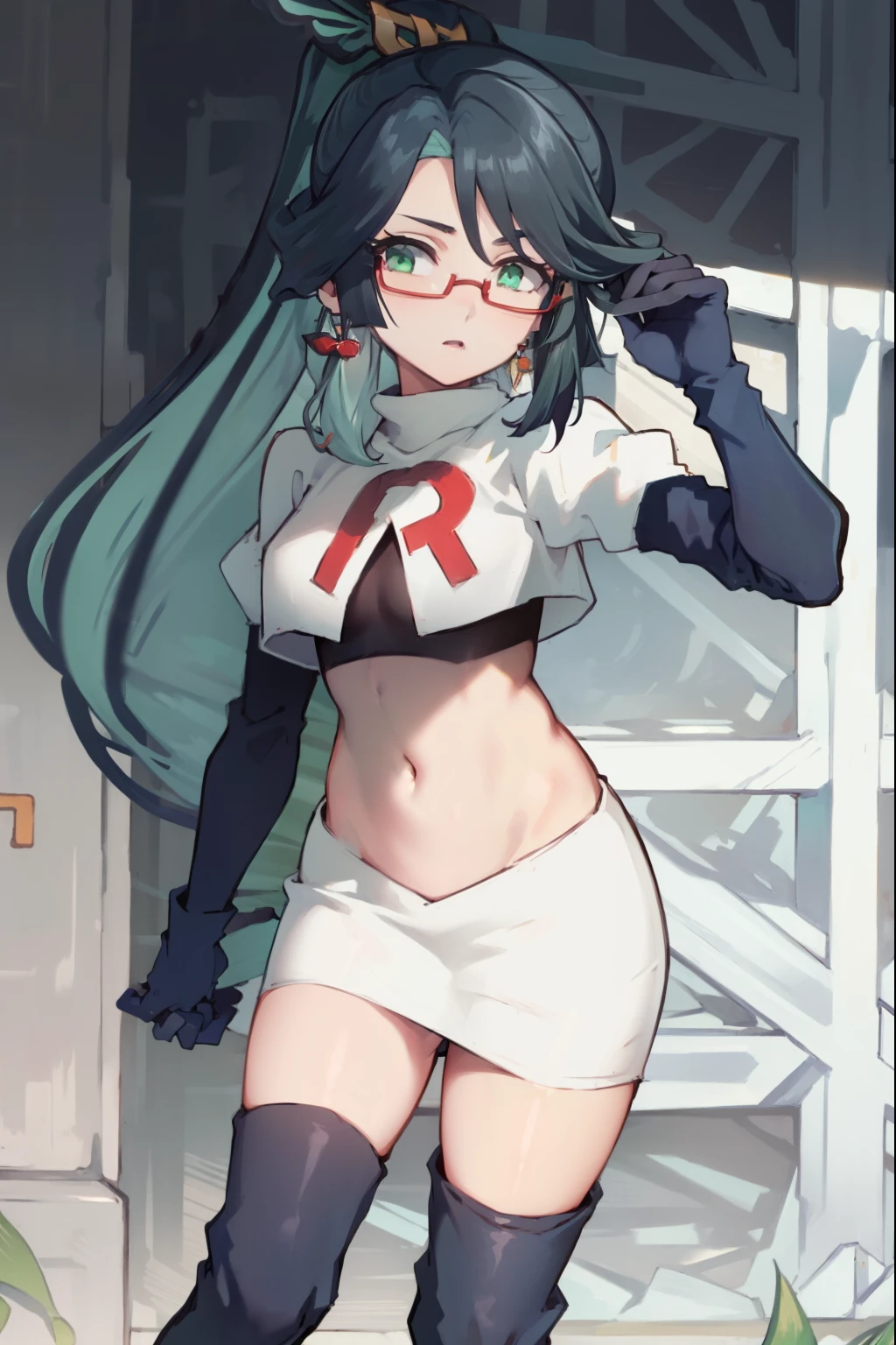 2d, masterpiece, best quality, anime, highly detailed face, perfect lighting, long hair, ponytail, multicolored hair, black hair, bangs, glasses, semi-rimless eyewear, earrings, green hair, hair ornament, jewelry, red-framed eyewear, green eyes, team rocket,team rocket uniform,white skirt,red letter R,crop top,black thigh-high boots,black elbow gloves,