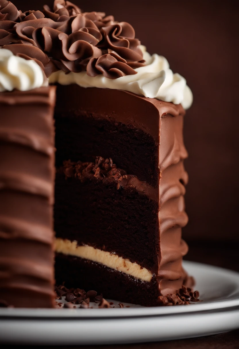a close-up shot of a slice of chocolate cake, focusing on the layers of moist cake, creamy frosting, and any decorative elements like chocolate curls or sprinkles