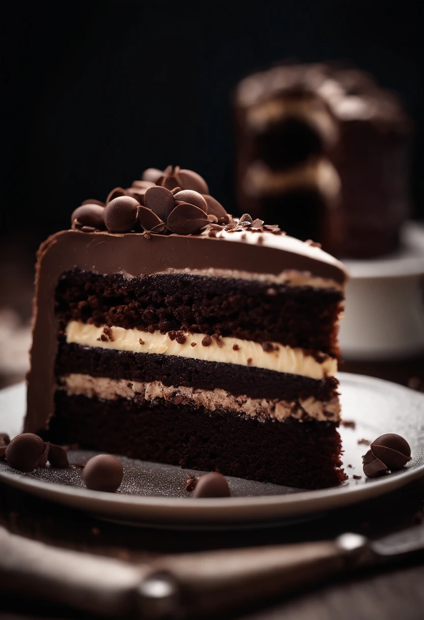 a close-up shot of a slice of chocolate cake, focusing on the layers of moist cake, creamy frosting, and any decorative elements like chocolate curls or sprinkles