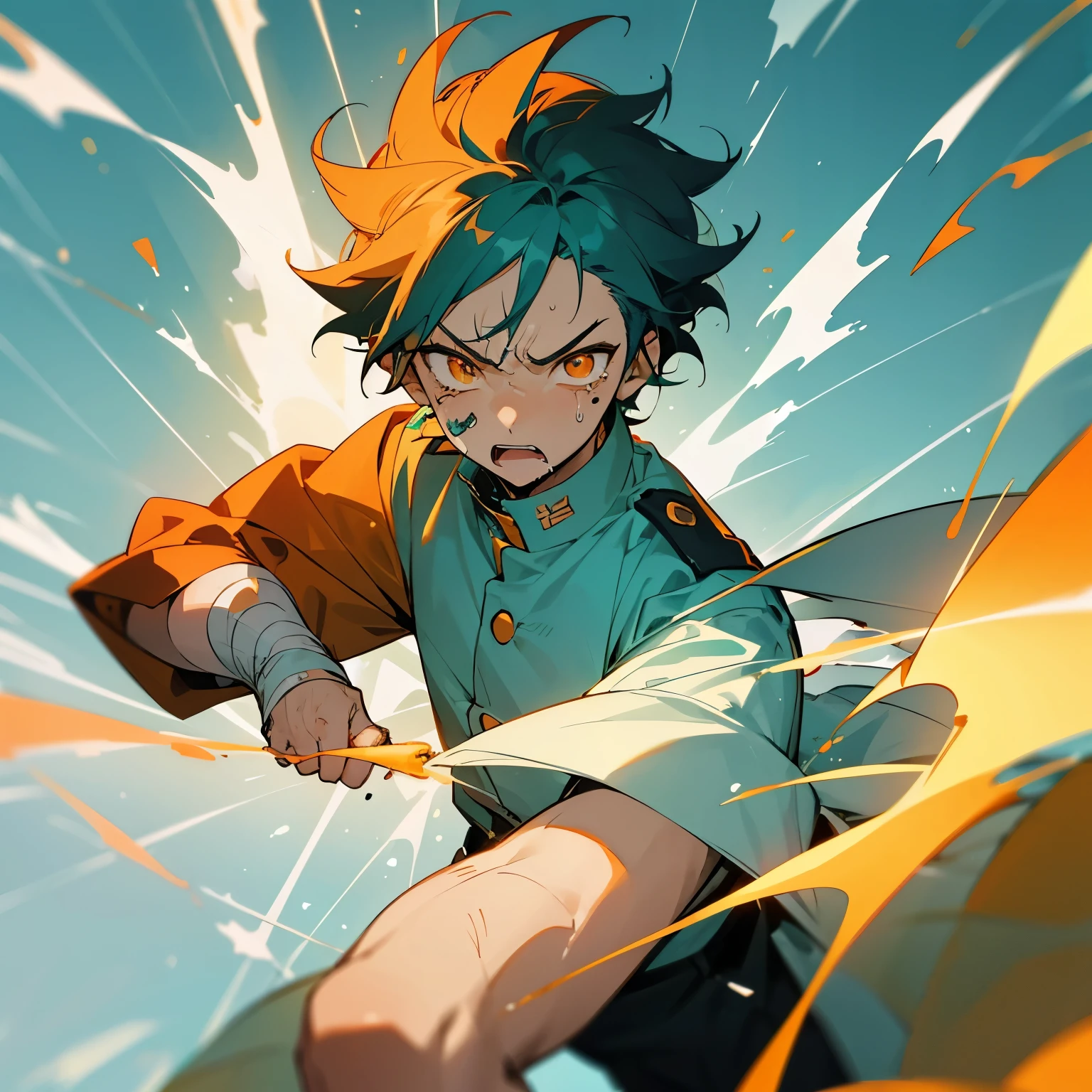 1 boy, Turquoise hair, orange eyes, white cloth, handsome, , wearing uniform, orange eye liner, mad, angry, light power, crying, injured