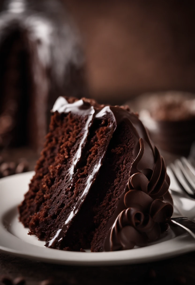 a close-up shot of a slice of chocolate cake, focusing on the layers of moist cake, creamy frosting, and any decorative elements like chocolate curls or sprinkles