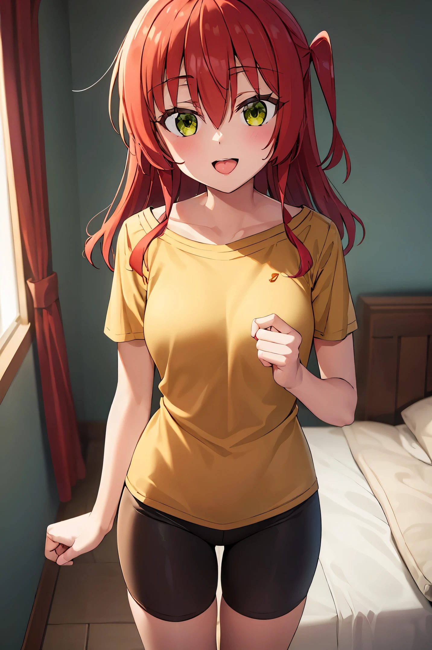 1 girl, best quality, ultra high res, long hair, red hair, green eyes, looking at viewers, small breast, standing, pov, slim body, loli body, smile, open mouth, yellow shirt, short sleeves, bike shorts, bedroom, white bed sheets,
