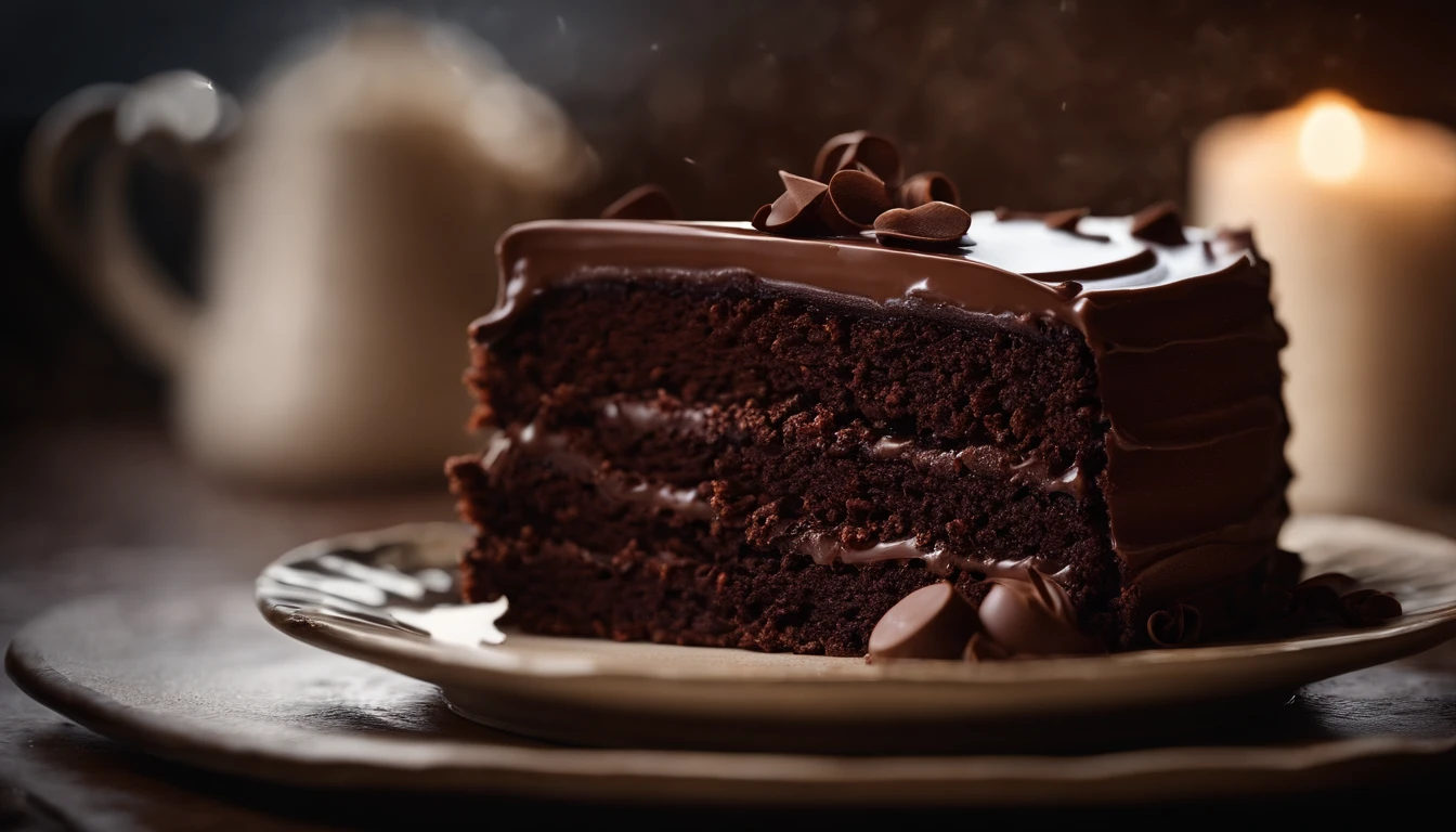 a close-up shot of a slice of chocolate cake, focusing on the layers of moist cake, creamy frosting, and any decorative elements like chocolate curls or sprinkles