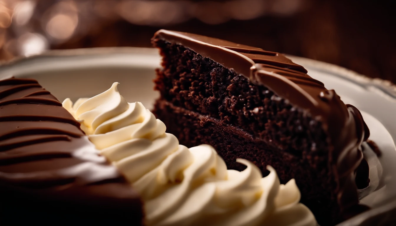 a close-up shot of a slice of chocolate cake, focusing on the layers of moist cake, creamy frosting, and any decorative elements like chocolate curls or sprinkles