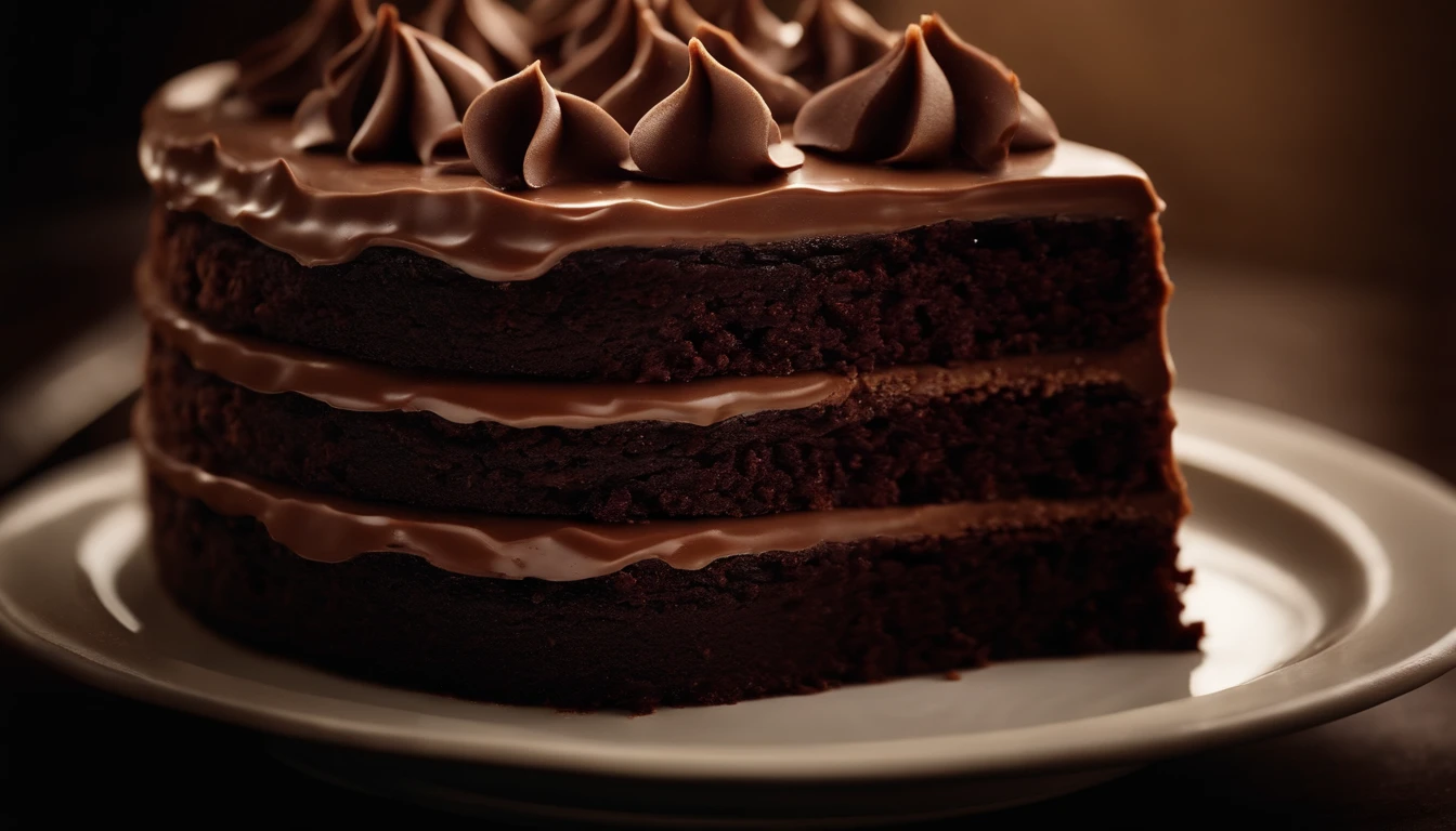a close-up shot of a slice of chocolate cake, focusing on the layers of moist cake, creamy frosting, and any decorative elements like chocolate curls or sprinkles