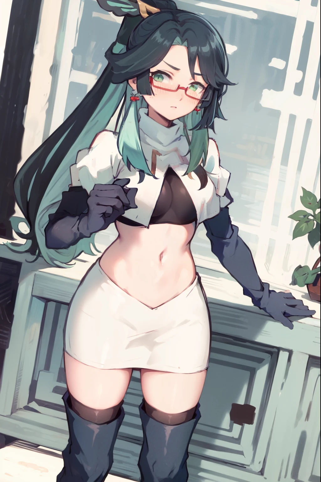 2d, masterpiece, best quality, anime, highly detailed face, perfect lighting, long hair, ponytail, multicolored hair, black hair, bangs, glasses, semi-rimless eyewear, earrings, green hair, hair ornament, jewelry, red-framed eyewear, green eyes, team rocket,team rocket uniform,white skirt,red letter R,crop top,black thigh-high boots,black elbow gloves, embarrassed, blush