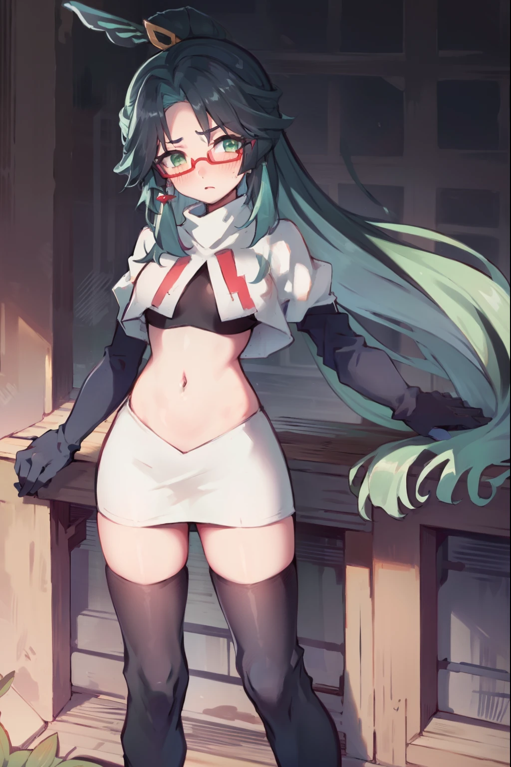2d, masterpiece, best quality, anime, highly detailed face, perfect lighting, long hair, ponytail, multicolored hair, black hair, bangs, glasses, semi-rimless eyewear, earrings, green hair, hair ornament, jewelry, red-framed eyewear, green eyes, team rocket,team rocket uniform,white skirt,red letter R,crop top,black thigh-high boots,black elbow gloves, embarrassed, blush