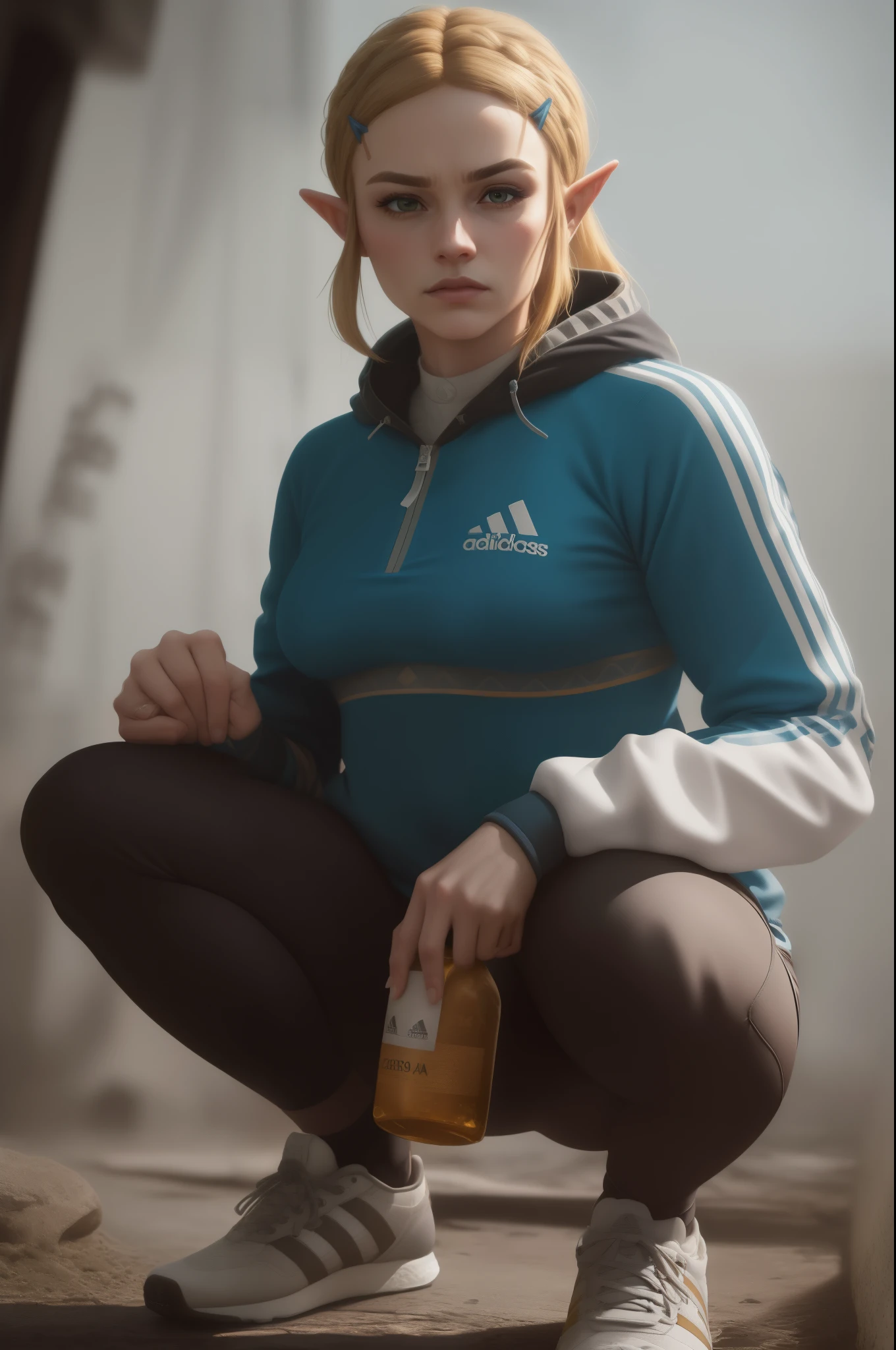(best quality,ultra-detailed,realistic:1.37), a very confidant badass arrogant cocky boss attitude pricess zelda, nintendo, the legend of zelda, botw wearing adidas tracksuit slav squatting with both of her hands in her pants pockets with a mean face with a bottle of whisky next to her