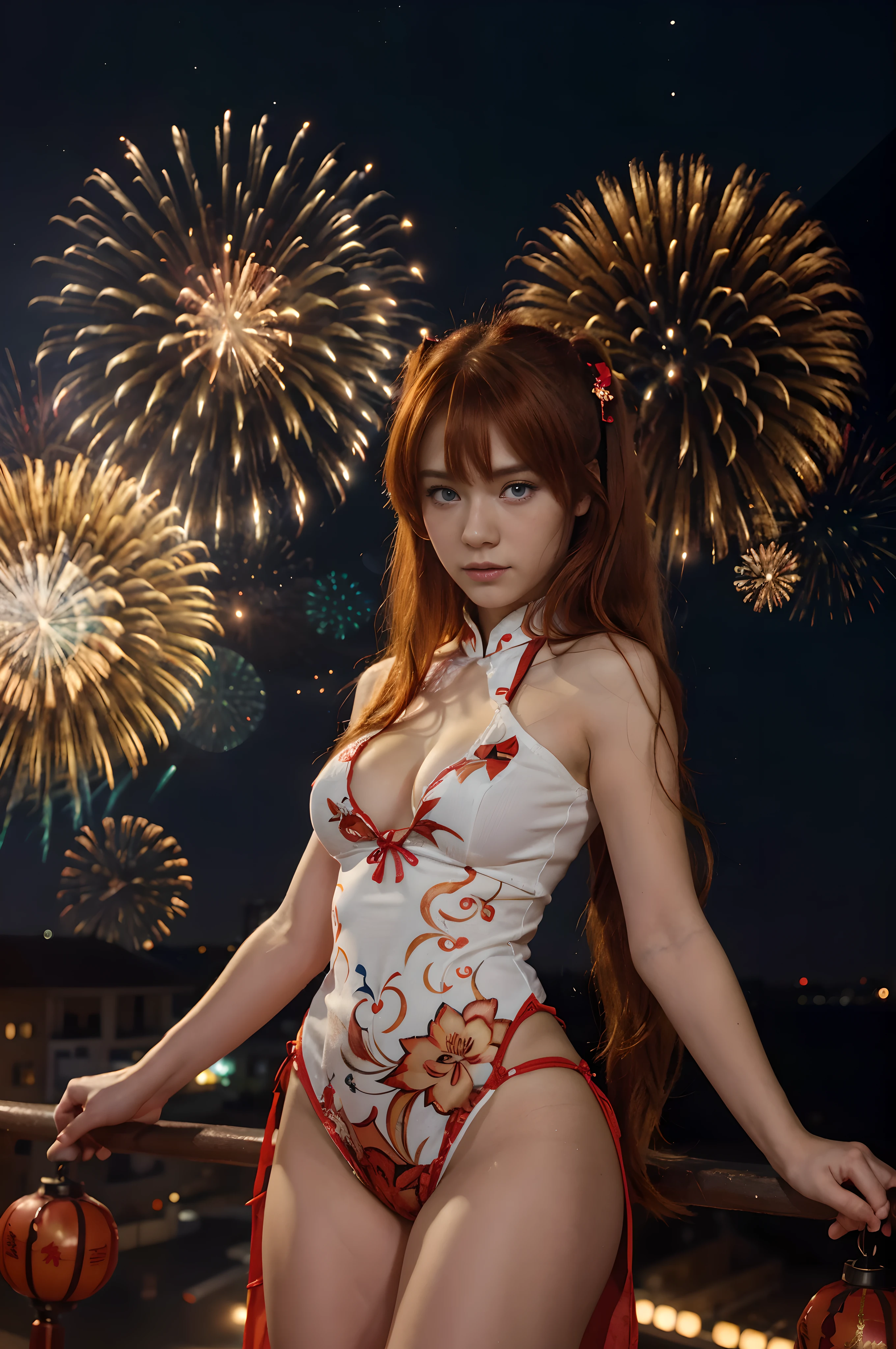 (best quality), high resolution,Asuka Langley Soryu, Beautiful Pretty Mixed German Babe, (Beautiful face), sexy lips, Auburn Twin Tails Ginger Hairs, intense gaze, dark blue detailed beautiful eyes, combine realism and anime influence, (dynamic pose), chinese new year, firework background, night sky, aerial fireworks,