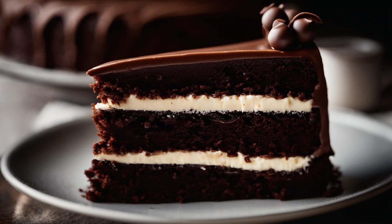 a close-up shot of a slice of chocolate cake, focusing on the layers of moist cake, creamy frosting, and any decorative elements like chocolate curls or sprinkles