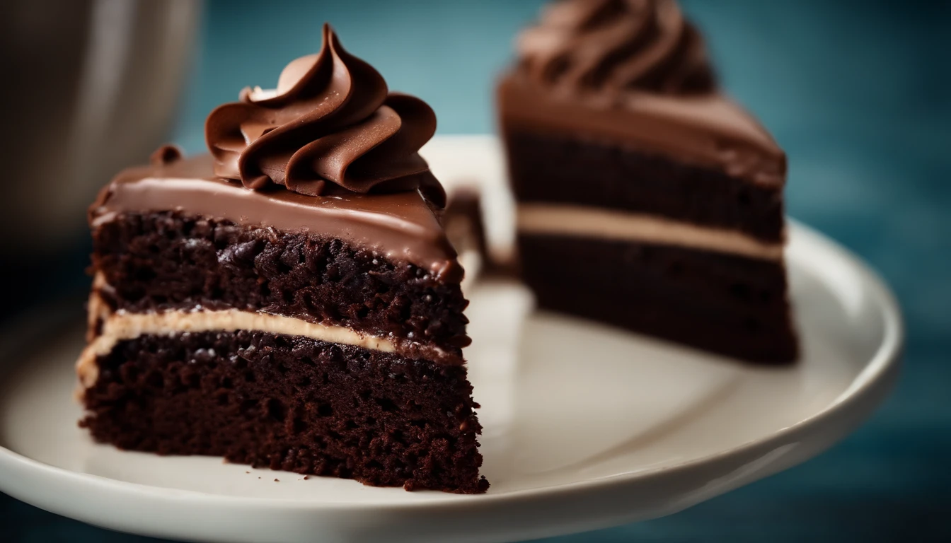 a close-up shot of a slice of chocolate cake, focusing on the layers of moist cake, creamy frosting, and any decorative elements like chocolate curls or sprinkles