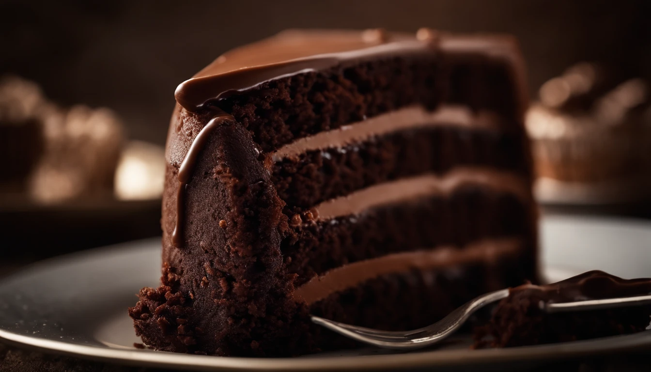 a close-up shot of a slice of chocolate cake, focusing on the layers of moist cake, creamy frosting, and any decorative elements like chocolate curls or sprinkles