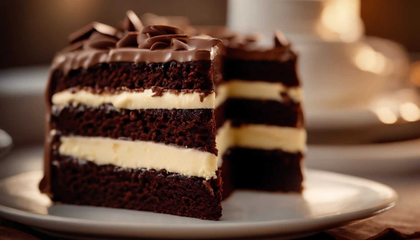 a close-up shot of a slice of chocolate cake, focusing on the layers of moist cake, creamy frosting, and any decorative elements like chocolate curls or sprinkles