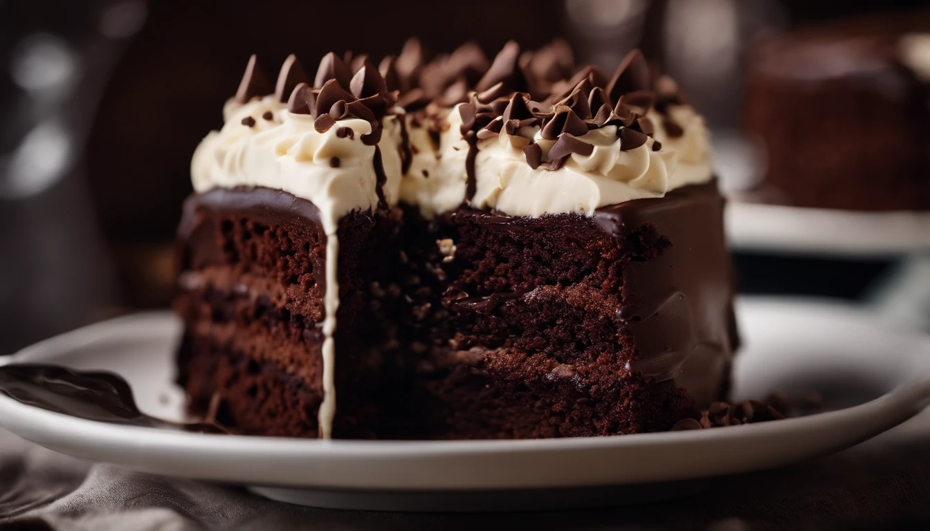 a close-up shot of a slice of chocolate cake, focusing on the layers of moist cake, creamy frosting, and any decorative elements like chocolate curls or sprinkles