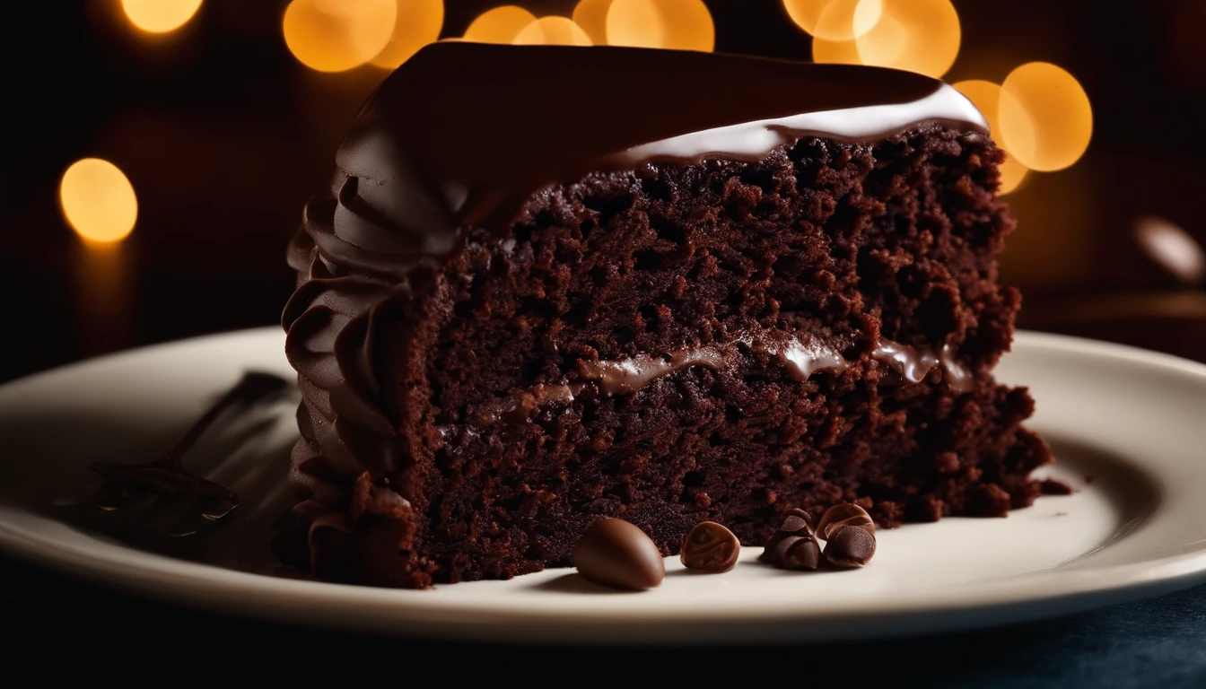 a close-up shot of a slice of chocolate cake, focusing on the layers of moist cake, creamy frosting, and any decorative elements like chocolate curls or sprinkles