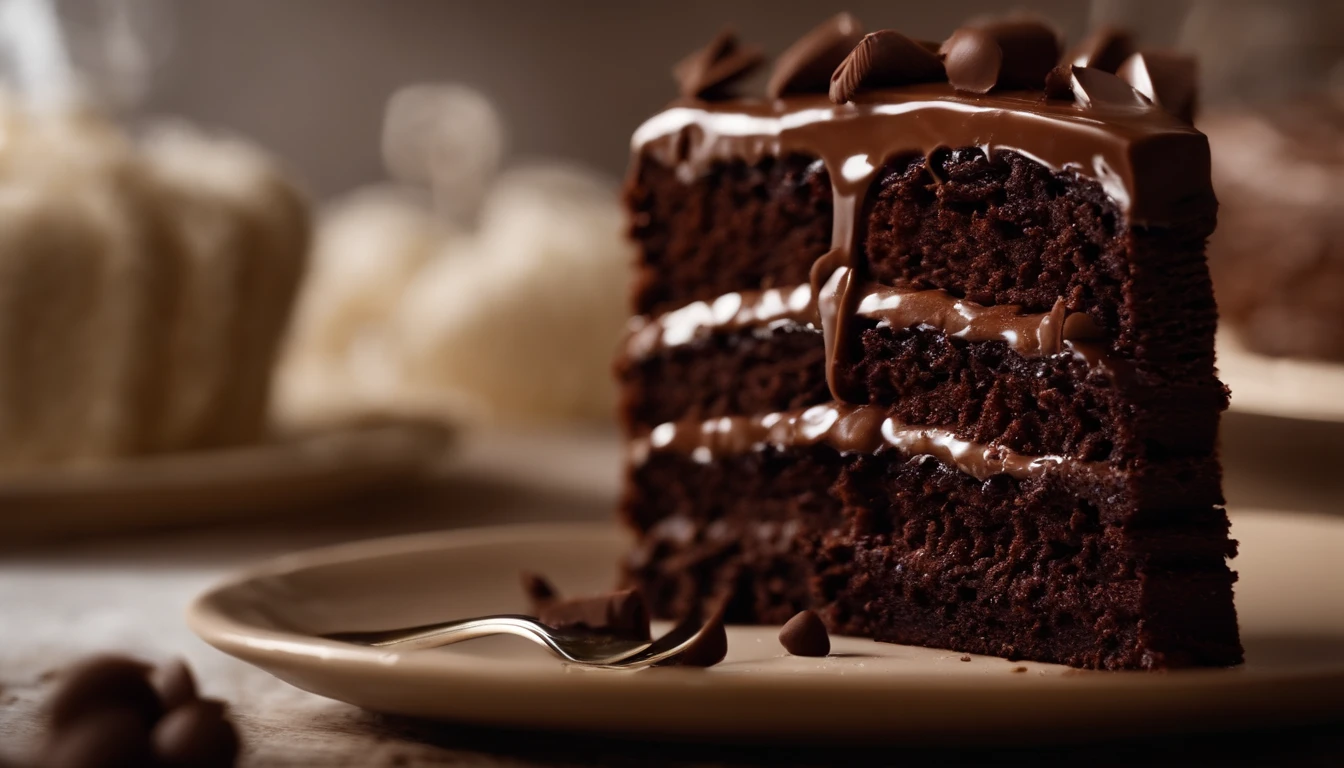 a close-up shot of a slice of chocolate cake, focusing on the layers of moist cake, creamy frosting, and any decorative elements like chocolate curls or sprinkles