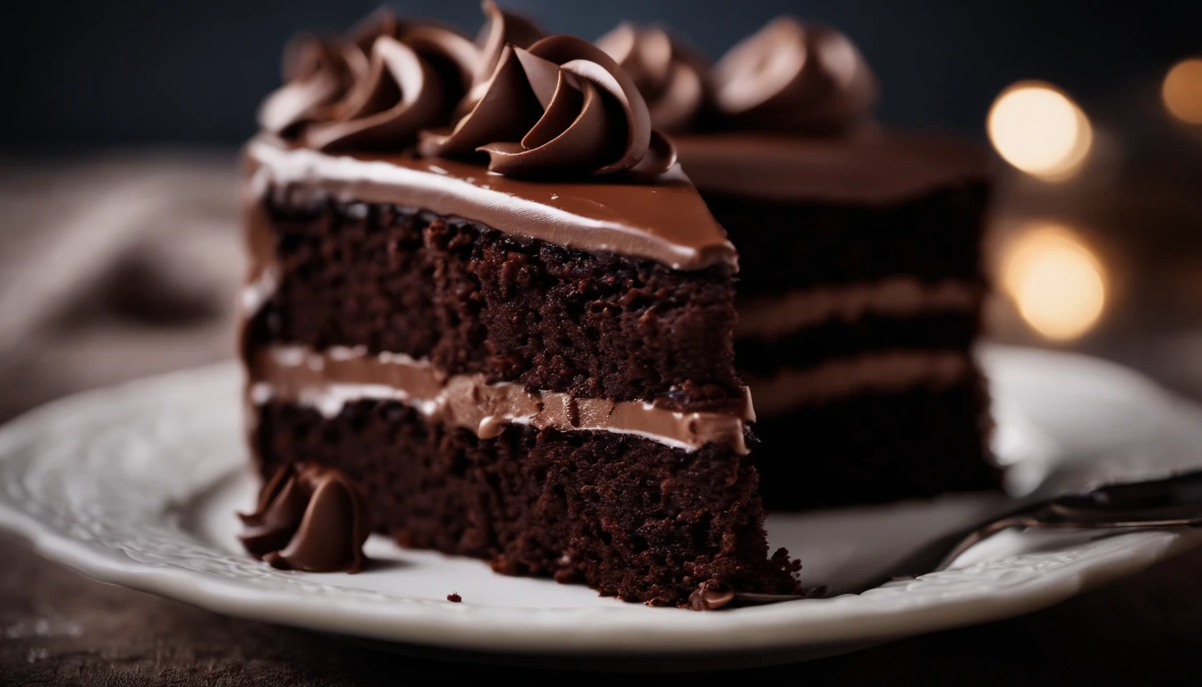 a close-up shot of a slice of chocolate cake, focusing on the layers of moist cake, creamy frosting, and any decorative elements like chocolate curls or sprinkles