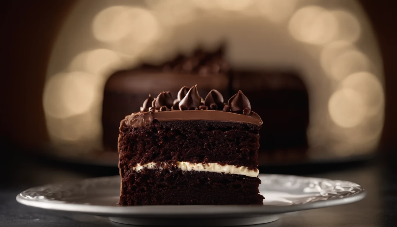 a close-up shot of a slice of chocolate cake, focusing on the layers of moist cake, creamy frosting, and any decorative elements like chocolate curls or sprinkles