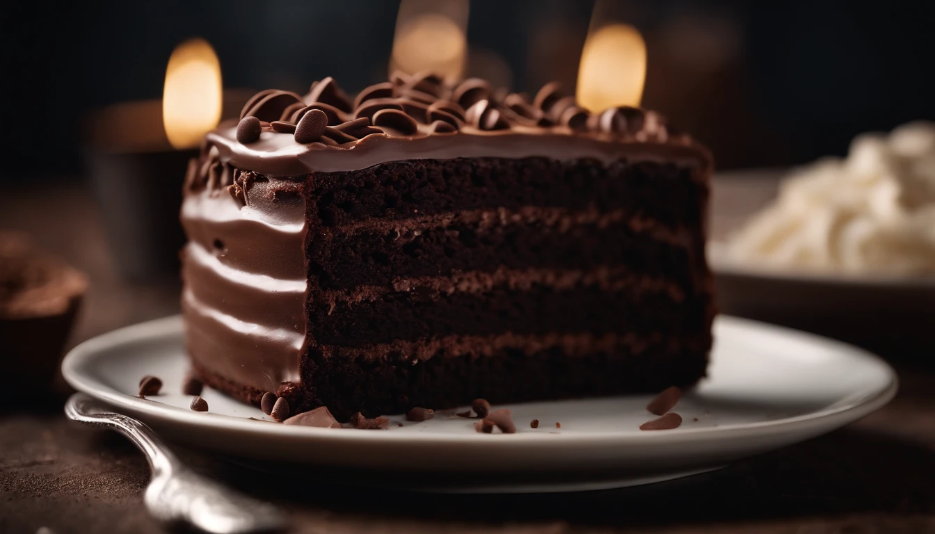a close-up shot of a slice of chocolate cake, focusing on the layers of moist cake, creamy frosting, and any decorative elements like chocolate curls or sprinkles