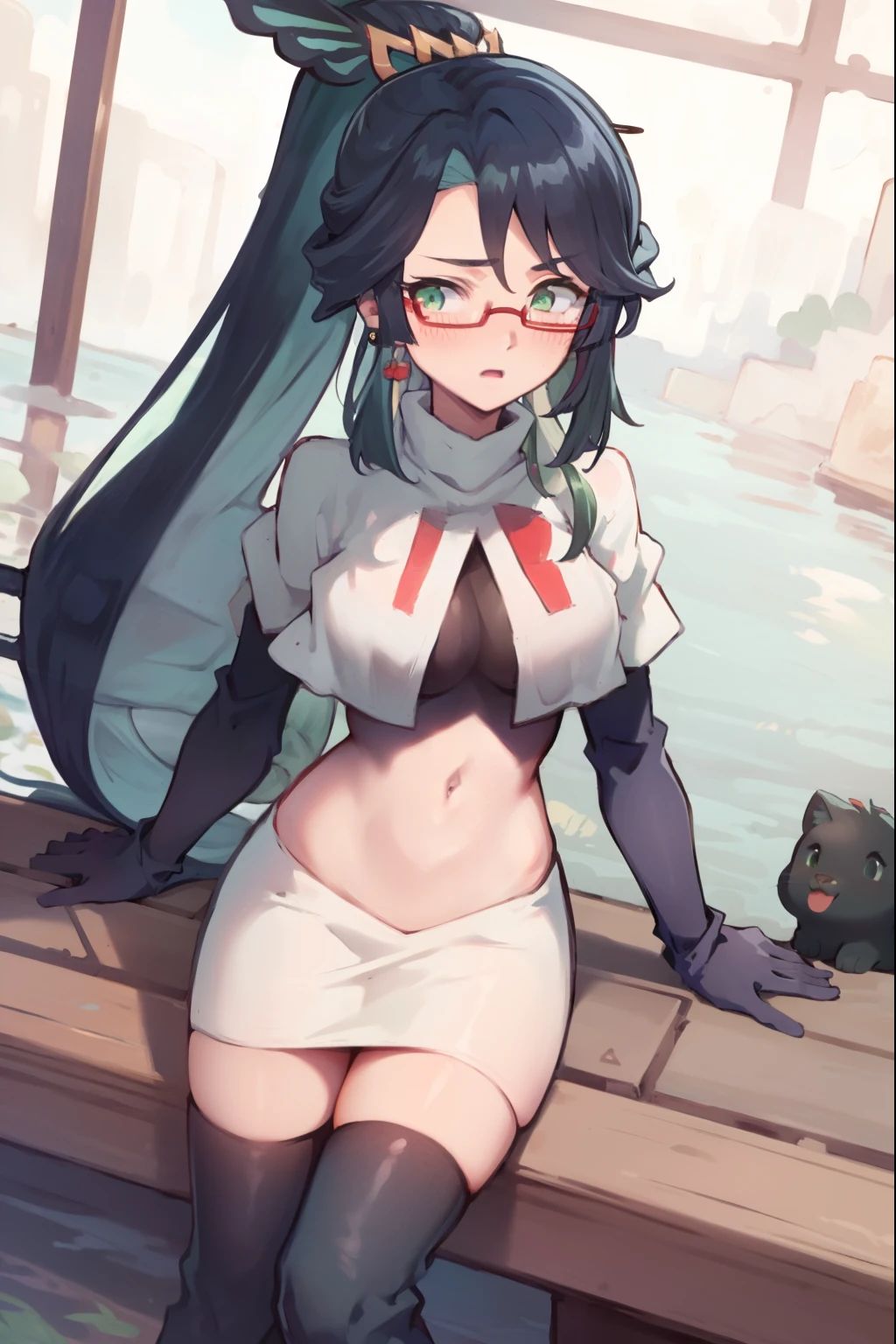 2d, masterpiece, best quality, anime, highly detailed face, perfect lighting, long hair, ponytail, multicolored hair, black hair, bangs, glasses, semi-rimless eyewear, earrings, green hair, hair ornament, jewelry, red-framed eyewear, green eyes, team rocket,team rocket uniform,white skirt,red letter R,crop top,black thigh-high boots,black elbow gloves, embarrassed, blush