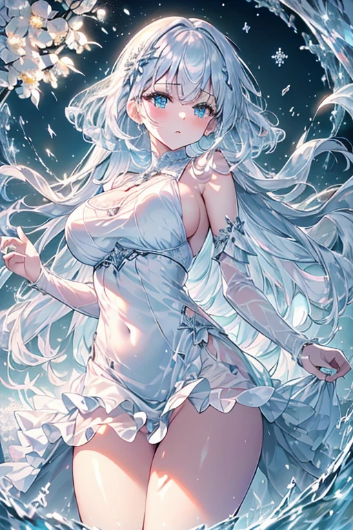 Paradise in Heaven, White lighting,(masutepiece), (Best Quality), (Cinematic), 8K, (art  stations), Li Yue painting style.(長いWhite hairとSilvery eyesを持つ1人の女), (Beautiful delicate face)、[ Particle Lou Full Moon] [Frozen trees々] [landscape crystal] [Lighting] [Ethereal Atmosphere]:1.1] [Fantasy, short story] [soft Lighting] [+Cinematic shot]:1.2 [+art  stations] [+luminous white background] [+soft Lighting] [soft glow] [Creative and dynamic angles]:1.3, [+Crystal Toning] 、masutepiece, ighly detailed, Ultra-detailed, Solo, (pale skin), Silvery eyes, White hair, (snowy background), (snowflake rosen flower:1.0), (shining crystal),, (Snowy ground), (White lashes), Female sexy、dreamy and detailed, Gorgeous setting, 妖しい雰囲気 masutepiece, The most beautiful scenes, An majestic、(((full of white flowers)))、quiet and serene atmosphere、A charming, all white tones,Inside the crystal library,Transparent flowers and falling snow，Many white roses are planted,(flowingwater,falls,water bloom),The decoration is also carefully done.,Dreamy（ighly detailedです，Creative Design，crisp and precise lines，K HD，best qualtiy，tmasterpiece，超hight resolution，4K）、Diverse poses、((beautiful white flower hair ornament))、Beautiful hairstyle、(Best Quality, 4K, 8K, hight resolution, masutepiece:1.2), Ultra-detailed, Detailed expression, Graceful posture, expressive brush strokes, mystic atmosphere, artistic interpretation,Delicate floral jewelry， (((Detailed design、Beautiful lace translucent dress、see-through small dress)))、(SFW:1.5), (Oversized breasts, best body proportions, proportions of large breasts,:1.5),(white decoration on thigh)、((Beautiful crystal accessories on the legs))。((Beautiful crystal accessories on the arm))、(((maikurobikini)))