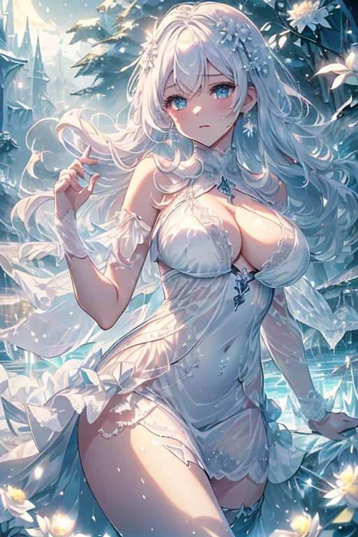 Paradise in Heaven, White lighting,(masutepiece), (Best Quality), (Cinematic), 8K, (art  stations), Li Yue painting style.(長いWhite hairとSilvery eyesを持つ1人の女), (Beautiful delicate face)、[ Particle Lou Full Moon] [Frozen trees々] [landscape crystal] [Lighting] [Ethereal Atmosphere]:1.1] [Fantasy, short story] [soft Lighting] [+Cinematic shot]:1.2 [+art  stations] [+luminous white background] [+soft Lighting] [soft glow] [Creative and dynamic angles]:1.3, [+Crystal Toning] 、masutepiece, ighly detailed, Ultra-detailed, Solo, (pale skin), Silvery eyes, White hair, (snowy background), (snowflake rosen flower:1.0), (shining crystal),, (Snowy ground), (White lashes), Female sexy、dreamy and detailed, Gorgeous setting, 妖しい雰囲気 masutepiece, The most beautiful scenes, An majestic、(((full of white flowers)))、quiet and serene atmosphere、A charming, all white tones,Inside the crystal library,Transparent flowers and falling snow，Many white roses are planted,(flowingwater,falls,water bloom),The decoration is also carefully done.,Dreamy（ighly detailedです，Creative Design，crisp and precise lines，K HD，best qualtiy，tmasterpiece，超hight resolution，4K）、Diverse poses、((beautiful white flower hair ornament))、Beautiful hairstyle、(Best Quality, 4K, 8K, hight resolution, masutepiece:1.2), Ultra-detailed, Detailed expression, Graceful posture, expressive brush strokes, mystic atmosphere, artistic interpretation,Delicate floral jewelry， (((Detailed design、Beautiful lace translucent dress、see-through small dress)))、(SFW:1.5), (Oversized breasts, best body proportions, proportions of large breasts,:1.5),(white decoration on thigh)、((Beautiful crystal accessories on the legs))。((Beautiful crystal accessories on the arm))、(((maikurobikini)))