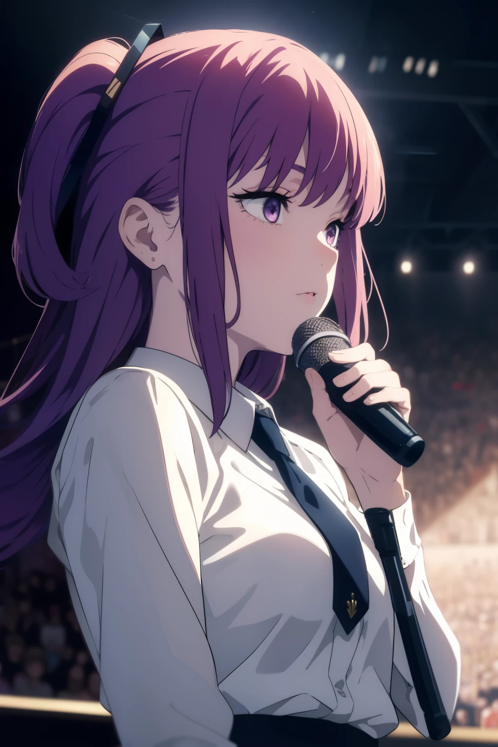 (masterpiece), (best quality), pretty girl, female idol, dress, on stage, holding microphone, singing, passionate, long purple hair, (close-up:0.9), (face), (cinematic angle), (beautiful lighting)