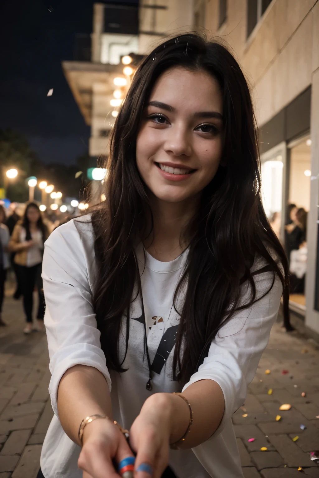 ((best quality)), ((masterpiece)), (detailed) ,16k, ultra high quality, detailed, masterpiece, detailed masterpiece, 18 year old girl, long black hair, outside, new year, party, clothes on, confetti gun, smiling, celebration, photo with friends, night time