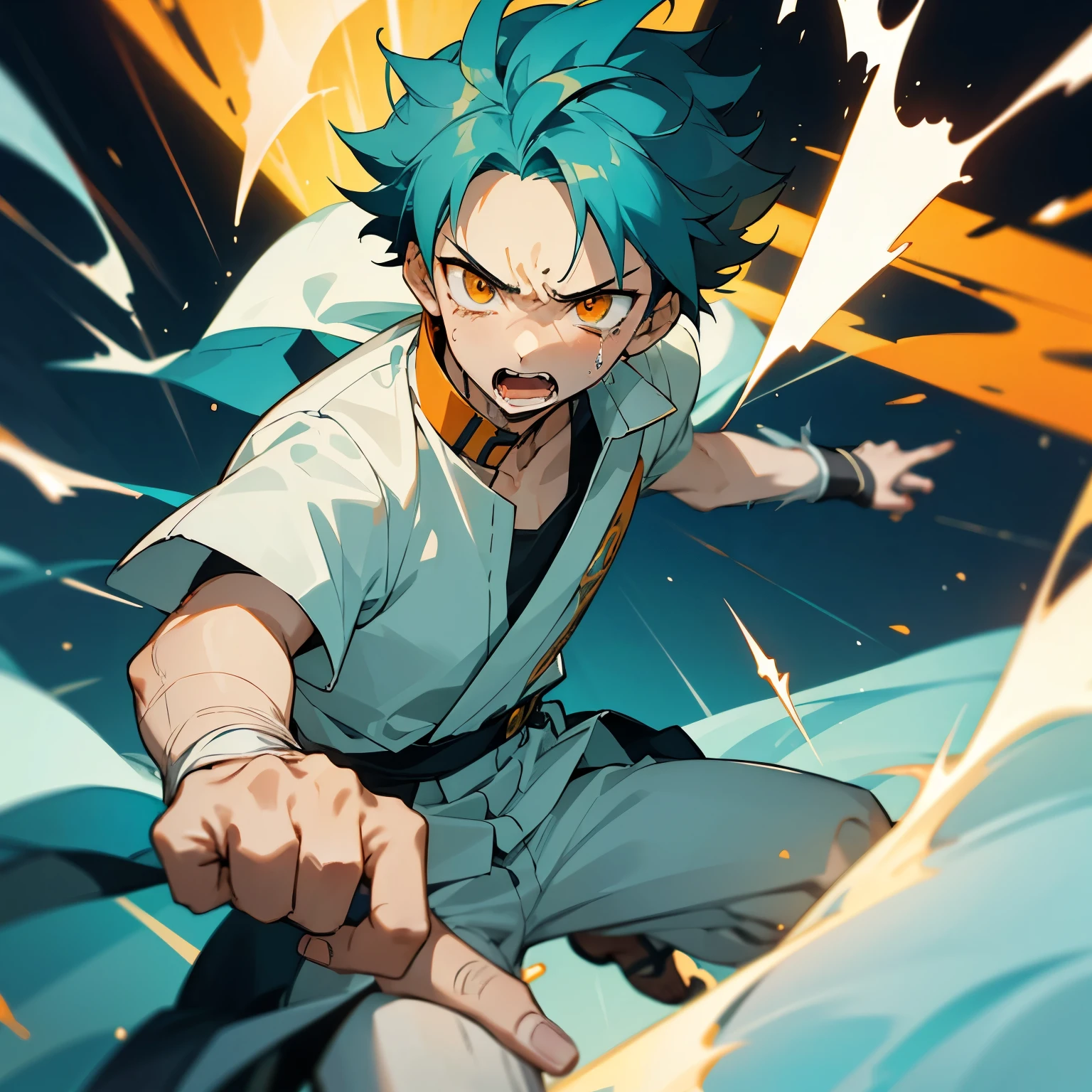 1 boy, Turquoise hair, orange eyes, white cloth, handsome, , orange eye liner, mad, angry, light power, crying, there is a wound on his hand