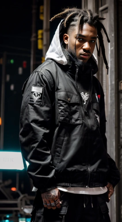 OriginalPhotographs,Fisheyes(rapper with dread hair, tattooed,mechanic arms)techwear jacket,Hood,scrolls,black,neon and white clothes,epicdetailed,Cinematic,glow,ultrasharp,Particle,8k,Scfi,depth of field,cyberpunk.
