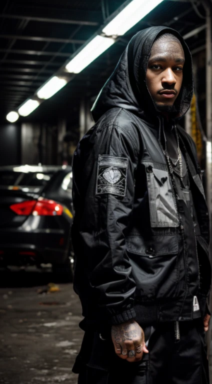 OriginalPhotographs,Fisheyes(rapper with dread hair, tattooed,mechanic arms)techwear jacket,Hood,scrolls,black,neon and white clothes,epicdetailed,Cinematic,glow,ultrasharp,Particle,8k,Scfi,depth of field,cyberpunk.