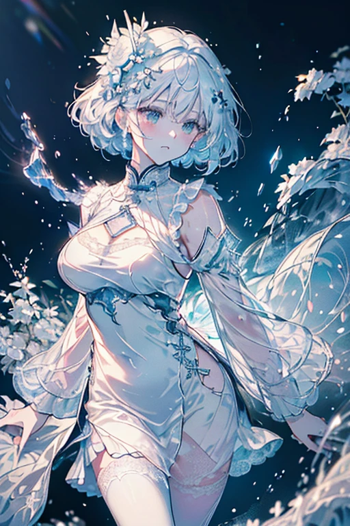 Paradise in Heaven, White lighting,(masutepiece), (Best Quality), (Cinematic), 8K, (art  stations), Li Yue painting style.(長いWhite hairとSilvery eyesを持つ1人の女), (Beautiful delicate face)、[ Particle Lou Full Moon] [Frozen trees々] [landscape crystal] [Lighting] [Ethereal Atmosphere]:1.1] [Fantasy, short story] [soft Lighting] [+Cinematic shot]:1.2 [+art  stations] [+luminous white background] [+soft Lighting] [soft glow] [Creative and dynamic angles]:1.3, [+Crystal Toning] 、masutepiece, ighly detailed, Ultra-detailed, Solo, (pale skin), Silvery eyes, White hair, (snowy background), (snowflake rosen flower:1.0), (shining crystal),, (Snowy ground), (White lashes), Female sexy、dreamy and detailed, Gorgeous setting, 妖しい雰囲気 masutepiece, The most beautiful scenes, An majestic、(((full of white flowers)))、quiet and serene atmosphere、A charming, all white tones,Inside the crystal library,Transparent flowers and falling snow，Many white roses are planted,(flowingwater,falls,water bloom),The decoration is also carefully done.,Dreamy（ighly detailedです，Creative Design，crisp and precise lines，K HD，best qualtiy，tmasterpiece，超hight resolution，4K）、Diverse poses、((beautiful white flower hair ornament))、Beautiful hairstyle、(Best Quality, 4K, 8K, hight resolution, masutepiece:1.2), Ultra-detailed, Detailed expression, Graceful posture, expressive brush strokes, mystic atmosphere, artistic interpretation,Delicate floral jewelry， (((Detailed design、Beautiful lace translucent dress、see-through small dress)))、(SFW:1.5), (Oversized breasts, best body proportions, proportions of large breasts,:1.5),(white decoration on thigh)、((Beautiful crystal accessories on the legs))。((Beautiful crystal accessories on the arm))、(((maikurobikini)))