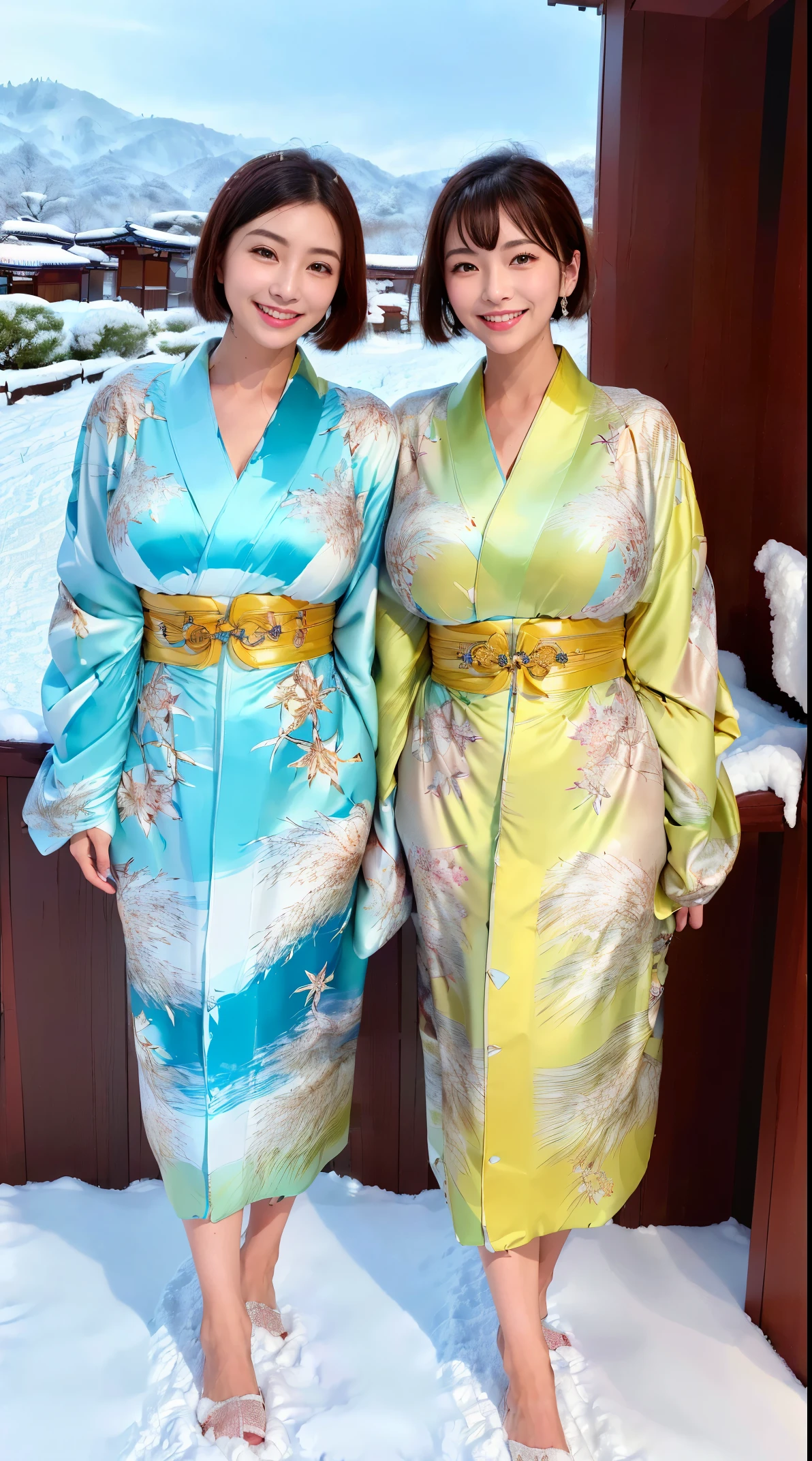 (in 8K、超A high resolution、Best Quality、masuter piece、Photorealsitic、The ultra -The high-definition)、(huge tit、(Always have a flashy patterned long-sleeved kimono:1.35)(Always walk in snowy grounds:1.123)A Japanese Lady、Cute smile、geta