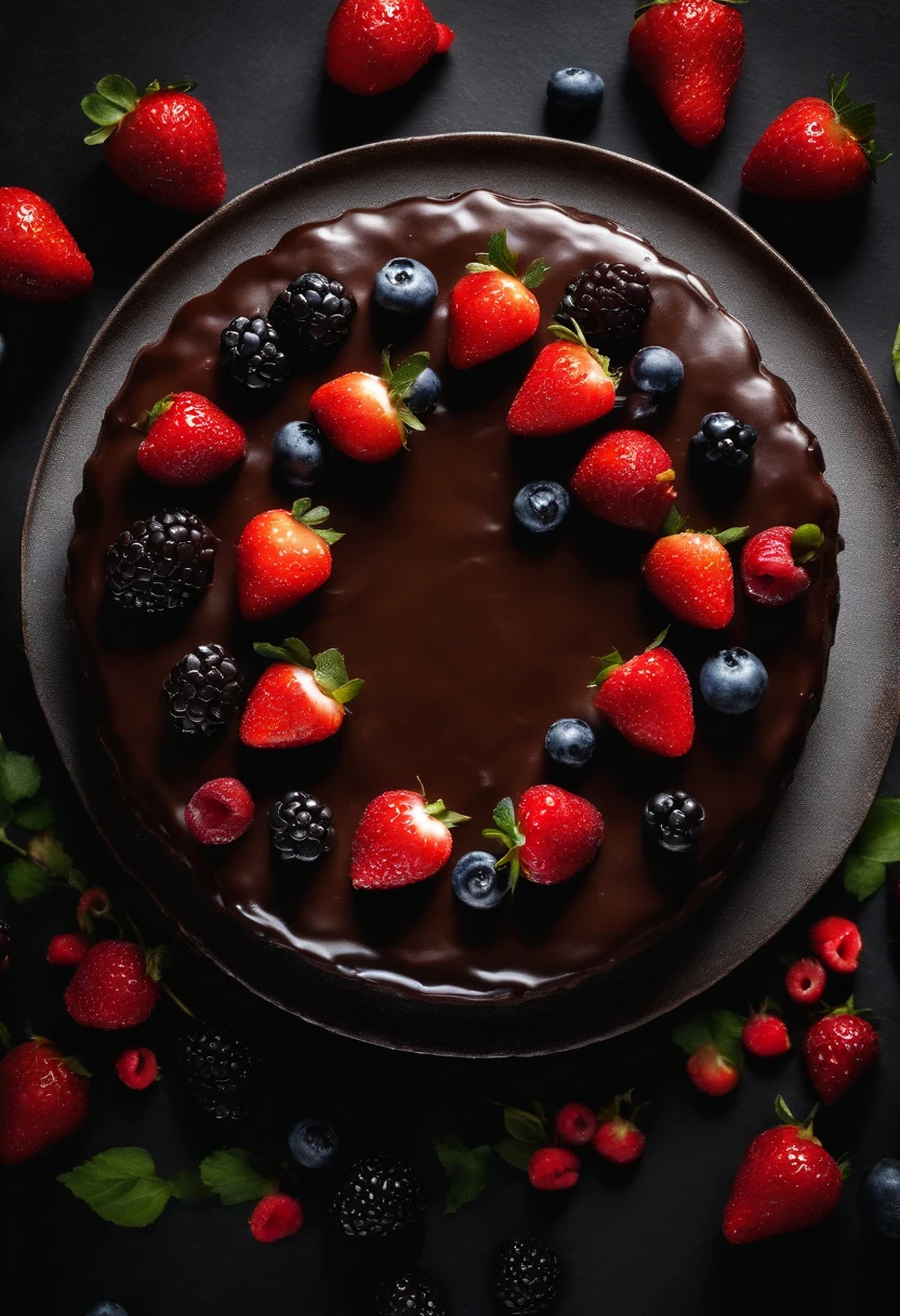 a top-down shot of a whole chocolate cake, showcasing its rich, dark brown color, smooth surface, and any decorative toppings such as berries or powdered sugar.