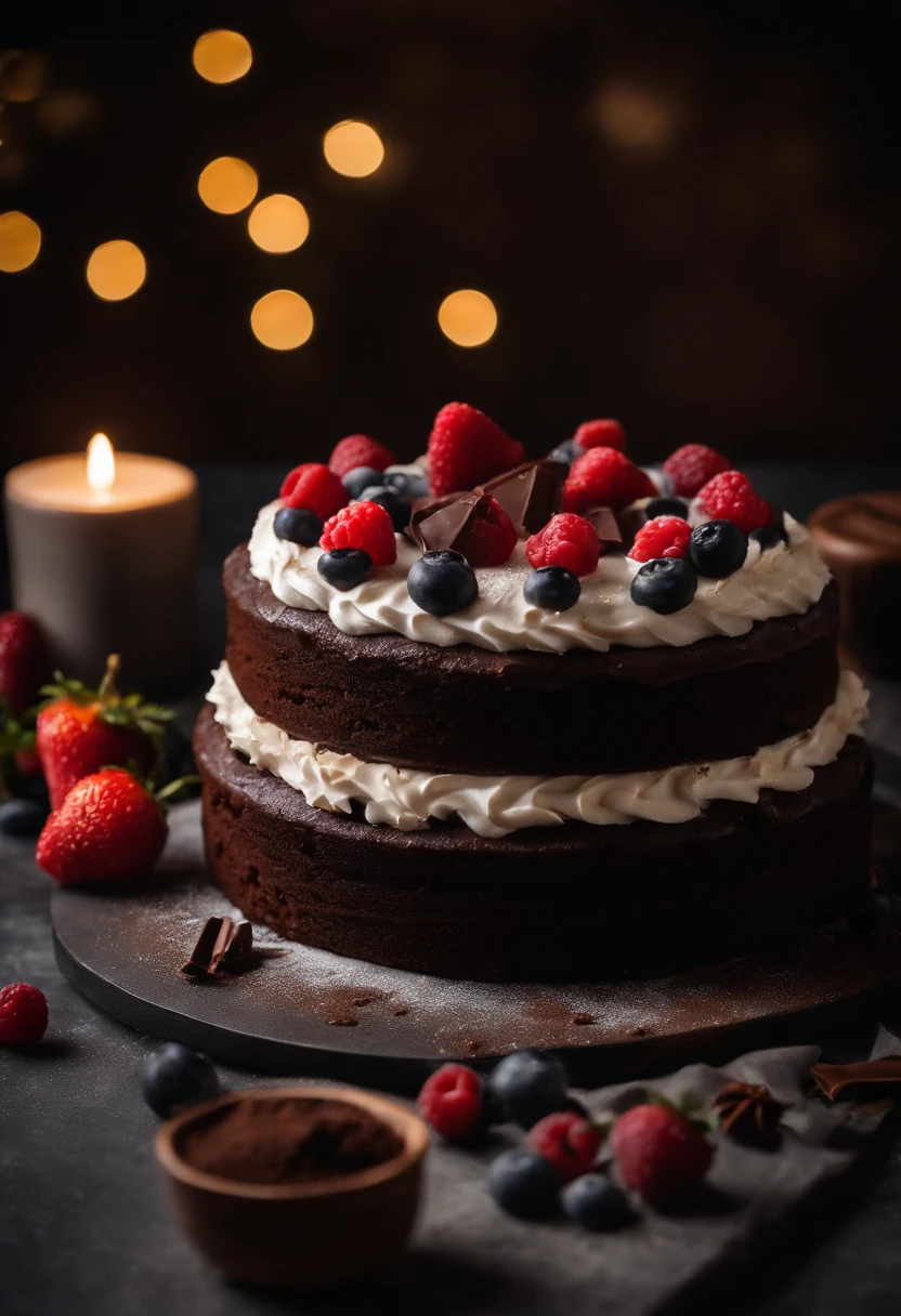 a top-down shot of a whole chocolate cake, showcasing its rich, dark brown color, smooth surface, and any decorative toppings such as berries or powdered sugar.