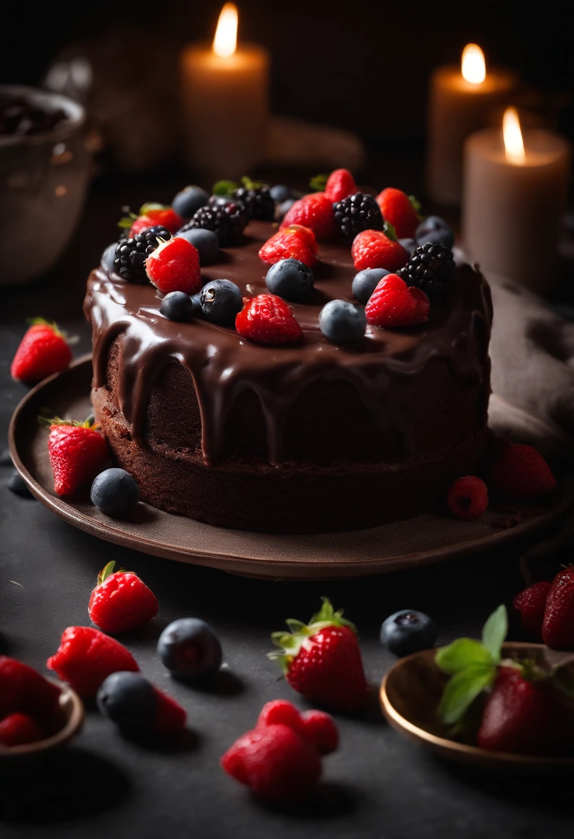 a top-down shot of a whole chocolate cake, showcasing its rich, dark brown color, smooth surface, and any decorative toppings such as berries or powdered sugar.