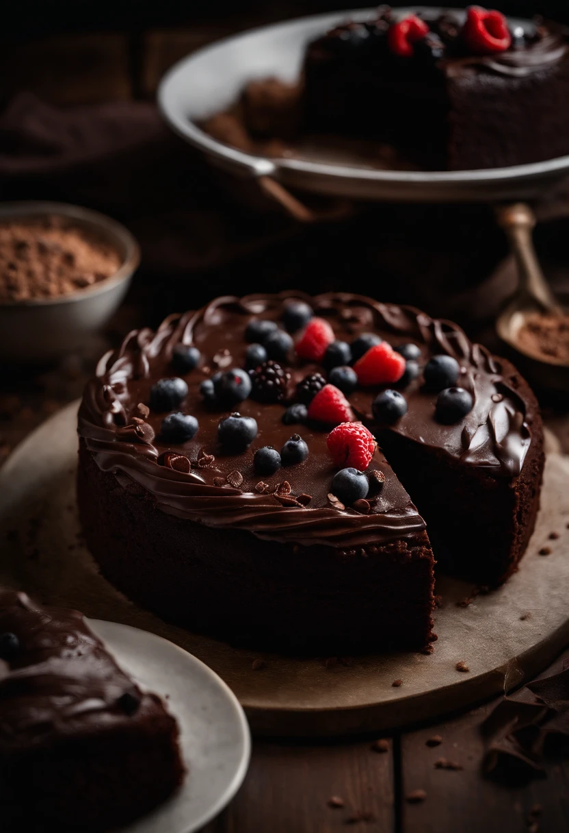 a top-down shot of a whole chocolate cake, showcasing its rich, dark brown color, smooth surface, and any decorative toppings such as berries or powdered sugar.