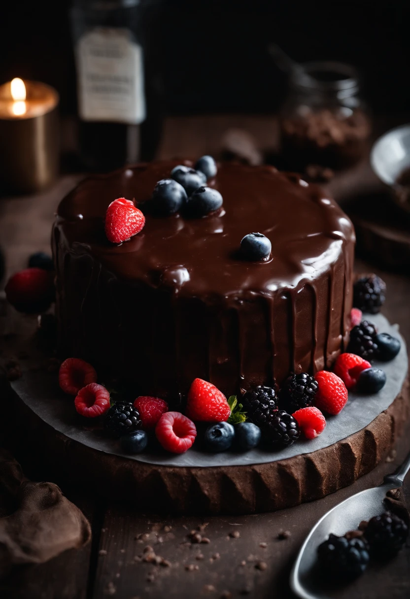 a top-down shot of a whole chocolate cake, showcasing its rich, dark brown color, smooth surface, and any decorative toppings such as berries or powdered sugar.